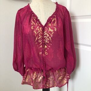 Chico's Pink Ruffled Tie Front Blouse with 3/4 Sleeves